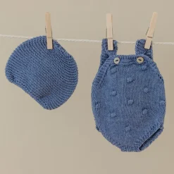 Blue Knit Doll Romper and Bonnet Set - 12