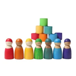 7 Rainbow Wooden Peg Dolls in Bowls