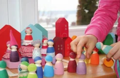 7 Rainbow Wooden Peg Dolls in Bowls