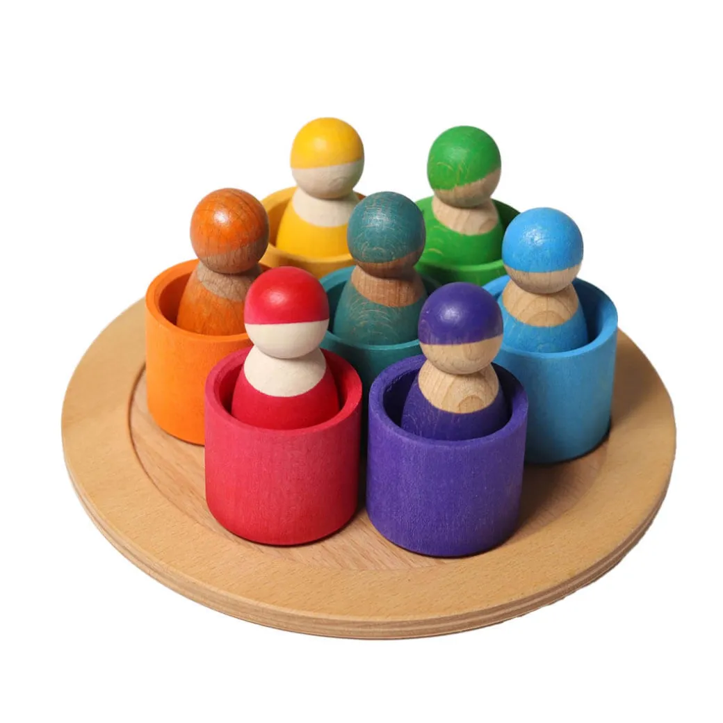 7 Rainbow Wooden Peg Dolls in Bowls