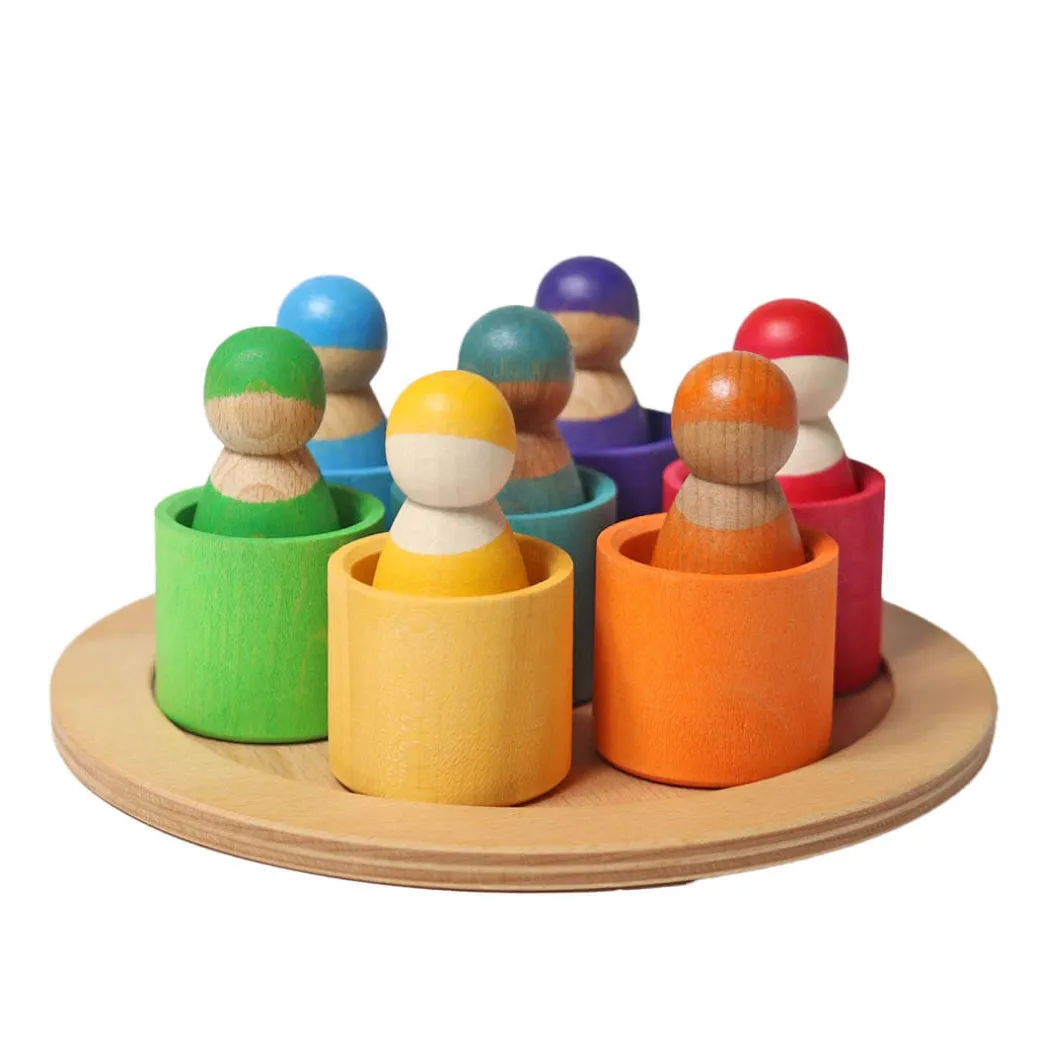 7 Rainbow Wooden Peg Dolls in Bowls