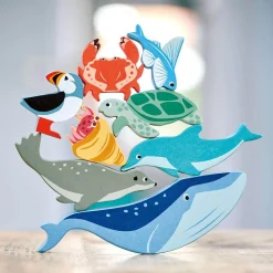Wooden Coastal Animal Figures and Display Case