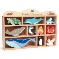 Wooden Coastal Animal Figures and Display Case